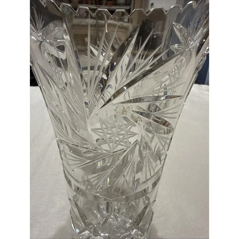 Vintage Brilliant Cut Lead Crystal Vase: Wheat, Pinwheels, Stars & Sawtooth Edge